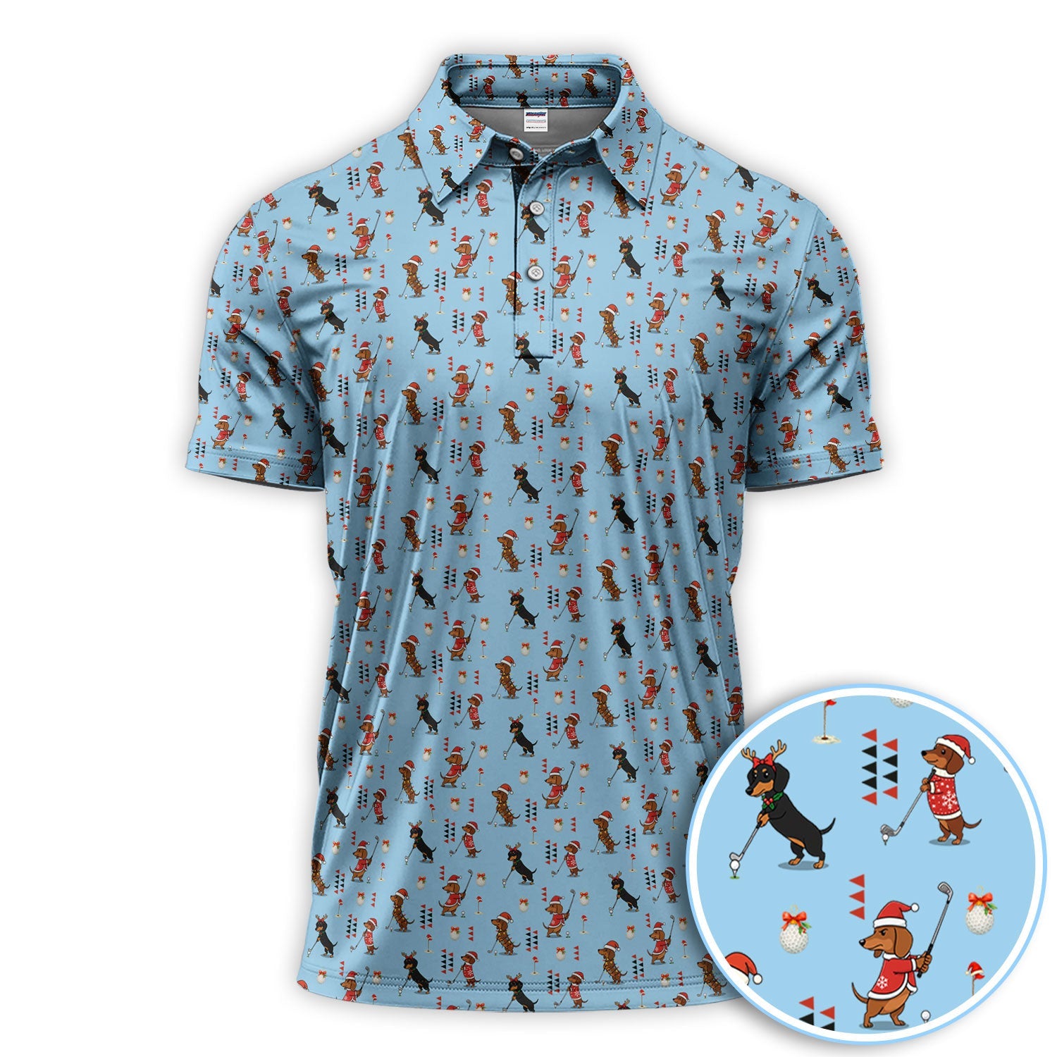 Christmas Dachshund Pattern Polos, Funny Xmas Wiener Dog Golf Shirt, Festive Golf Gift For Men