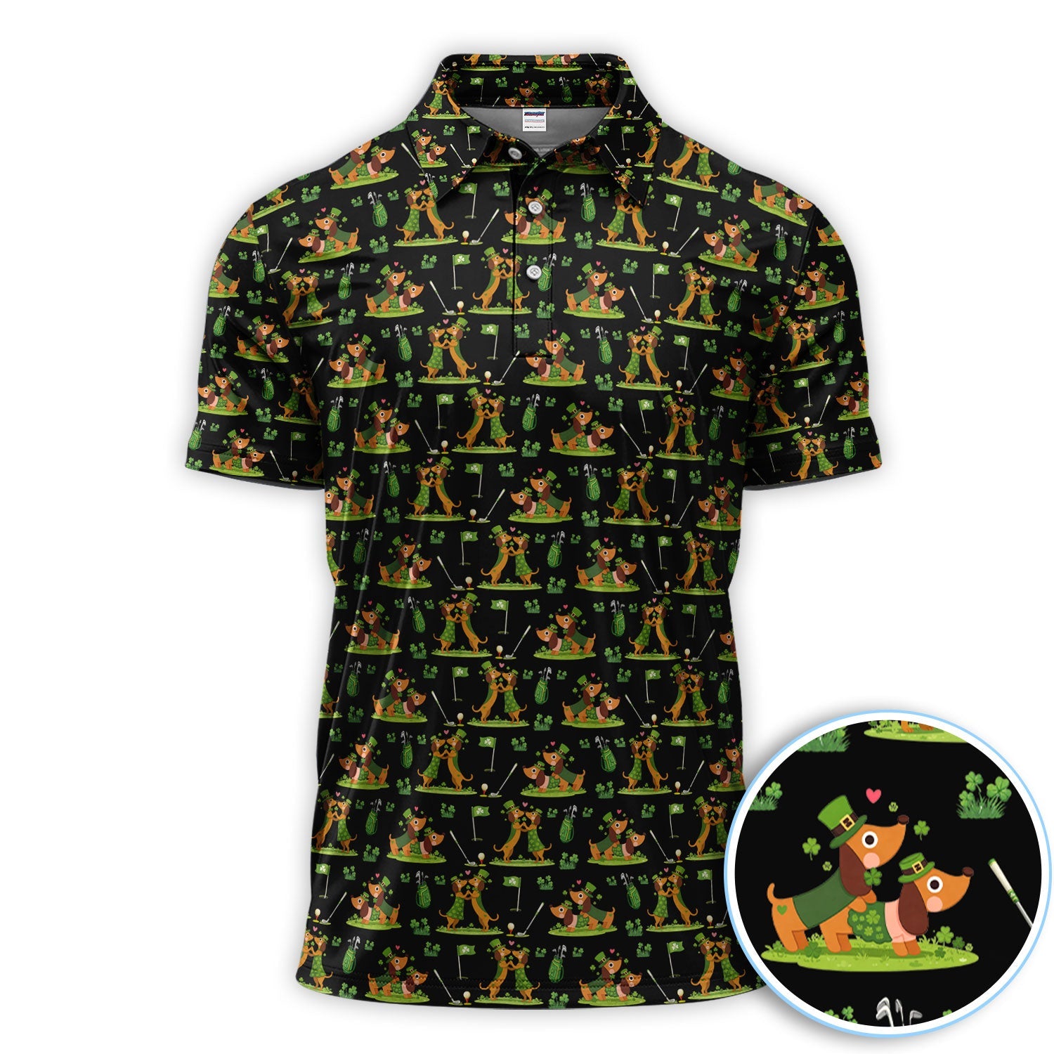 Cute Dachshund St Patrick Pattern Golf Shirt, Wiener Dog Golf Shirt, Golf Gift For Men