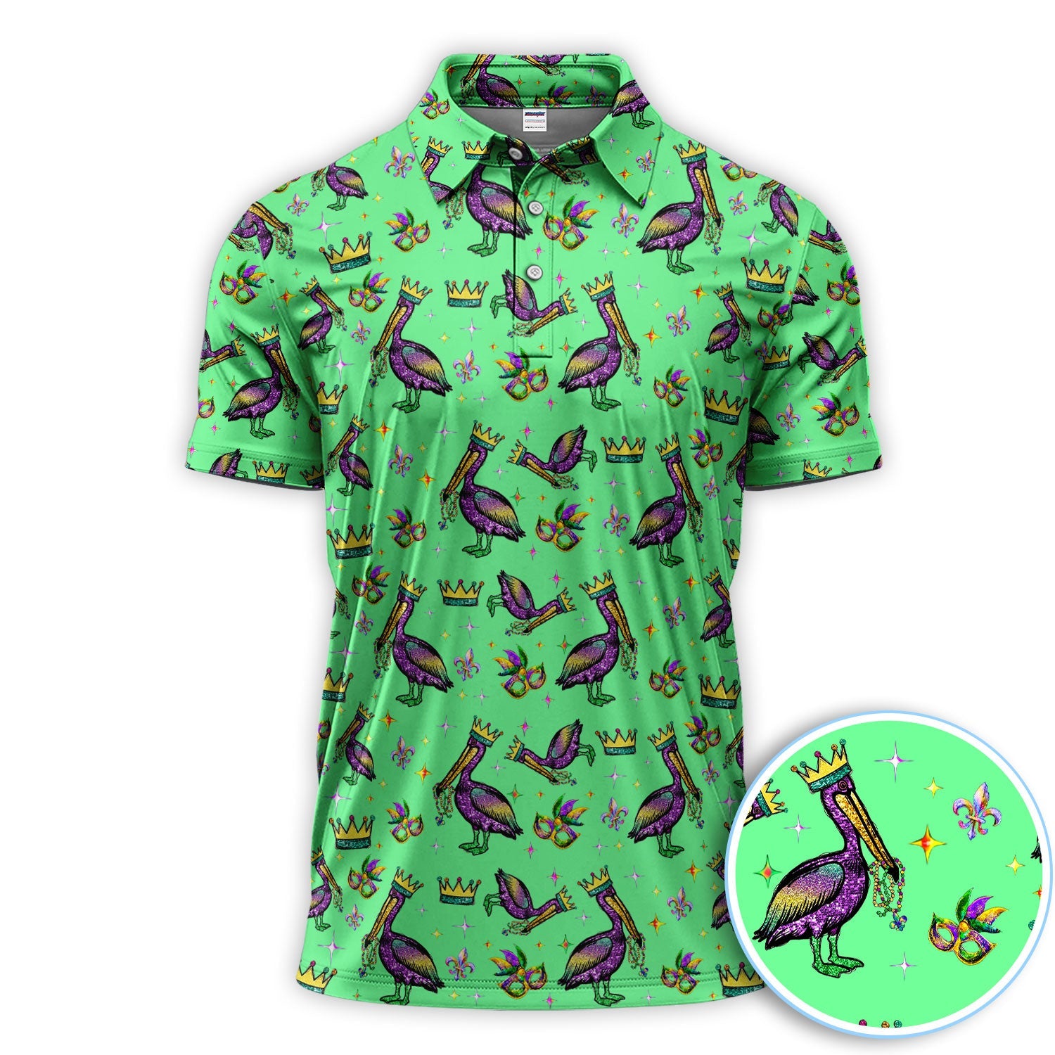 Mardi Gras Pelican Pattern Golf Polos, Funny Pelican Golf Shirt For Men, Crazy Golf Gift For Golfer