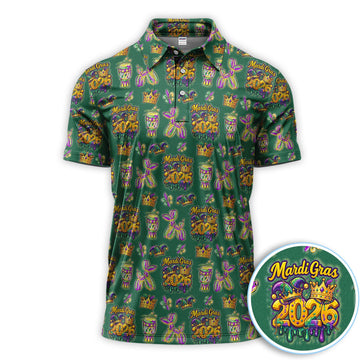 Mardi Gras 2026 Golf Polos For Golfer, Festive Crown Mask Pattern Golf Shirt, Golf Gift For Men