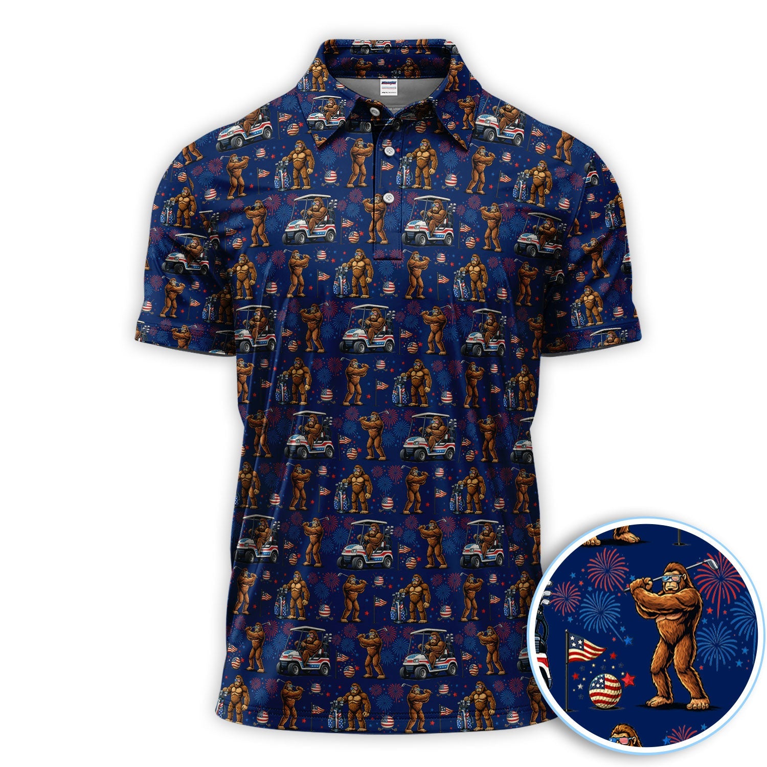 Funny Bigfoot Golf Polos For Golfer, Sasquatch Patriotic USA Pattern Golf Shirt, Golf Gift For Men