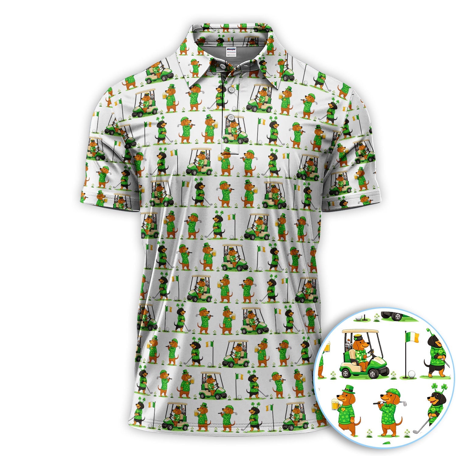St. Patrick’s Day Dachshund Pattern Golf Polos, Funny Irish Wiener Dog Golf Shirt For Men, Golf Gift For Golfer
