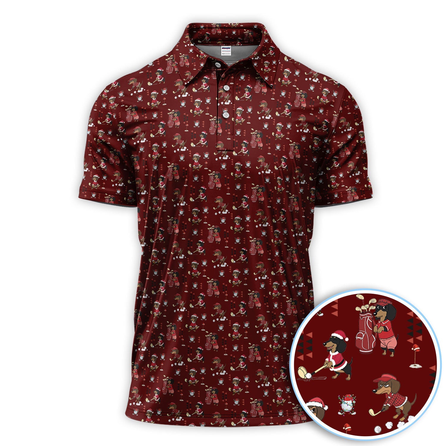 Funny Dachshund Christmas Golf Shirt, Cute Wiener Dog Pattern Polos, Festive Holiday Golf Shirt Gift For Men Golfers