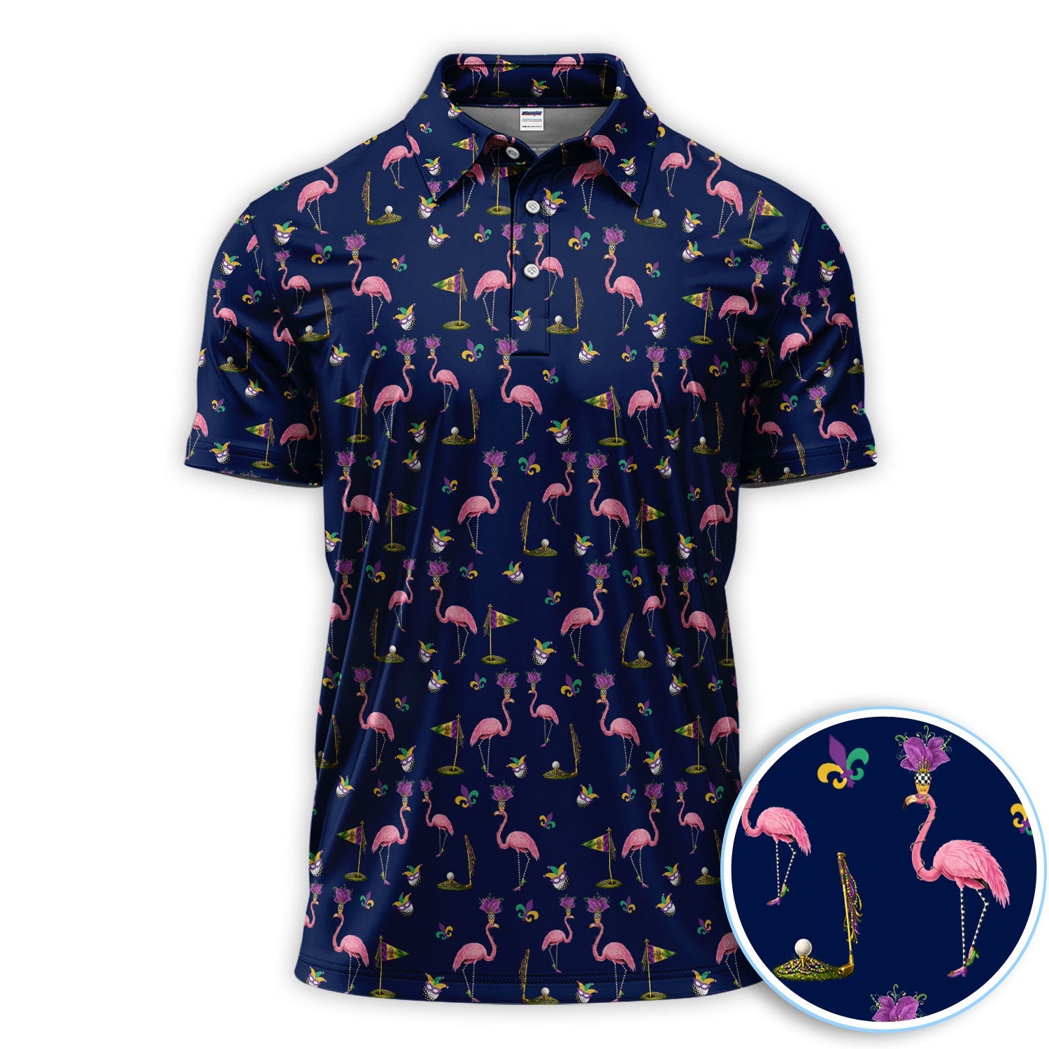Flamingo Mardi Gras Golf Polos For Golfer, Funny Holiday Pattern Golf Shirt, Golf Gift For Men