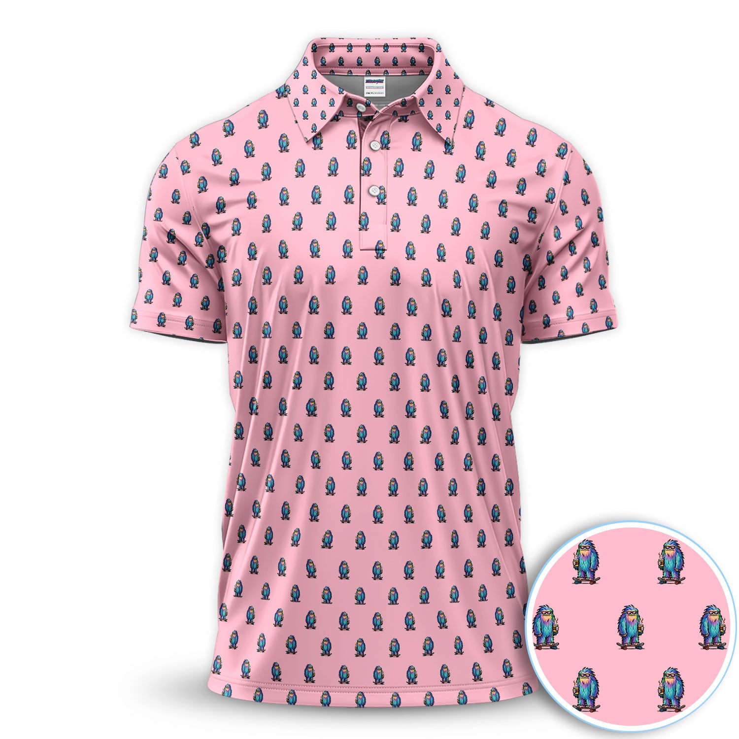 Funny Yeti Pattern Golf Polos, Bigfoot Coffee Skateboard Golf Shirt, Crazy Golf Shirts For Men