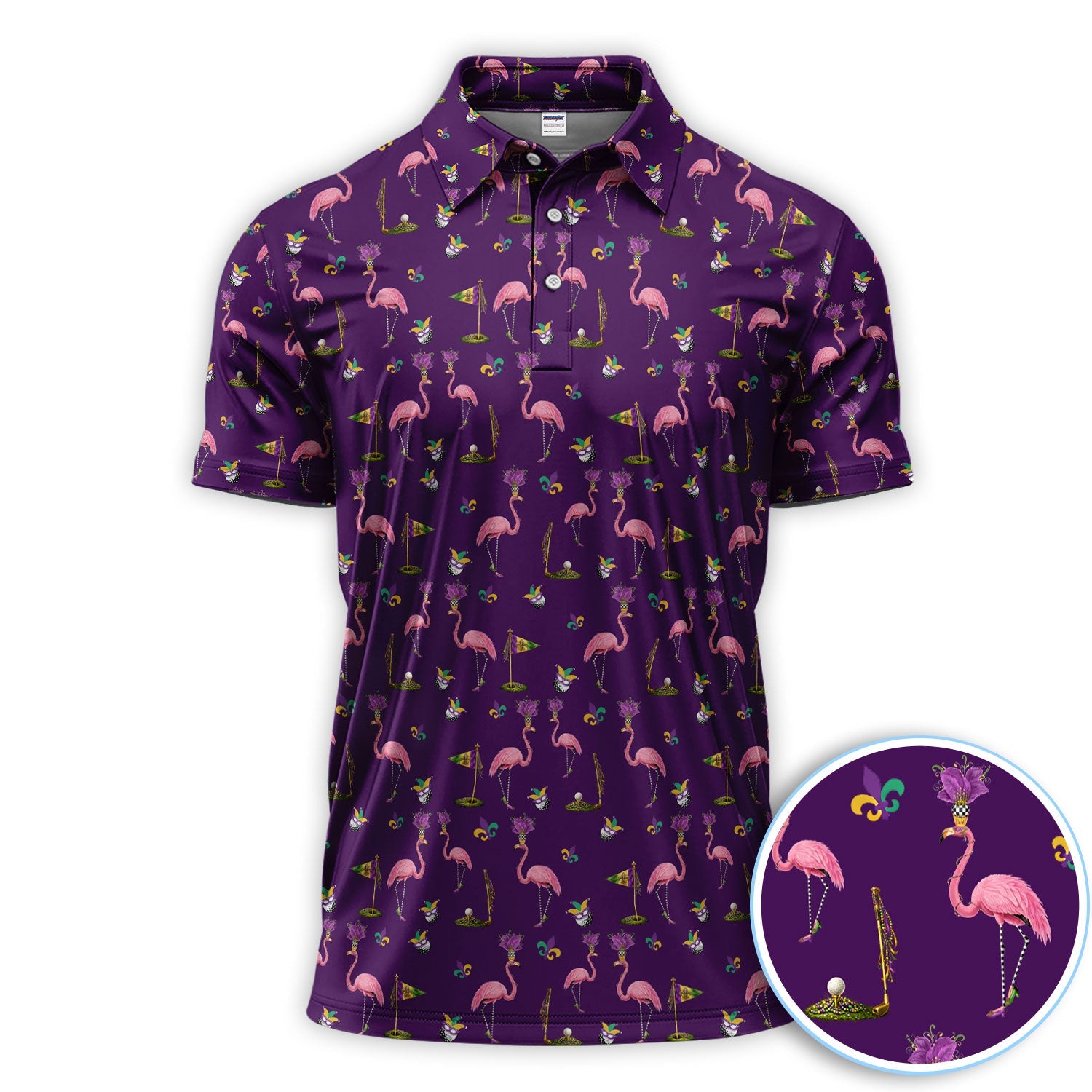 Flamingo Mardi Gras Golf Polos For Golfer, Funny Holiday Pattern Golf Shirt, Golf Gift For Men