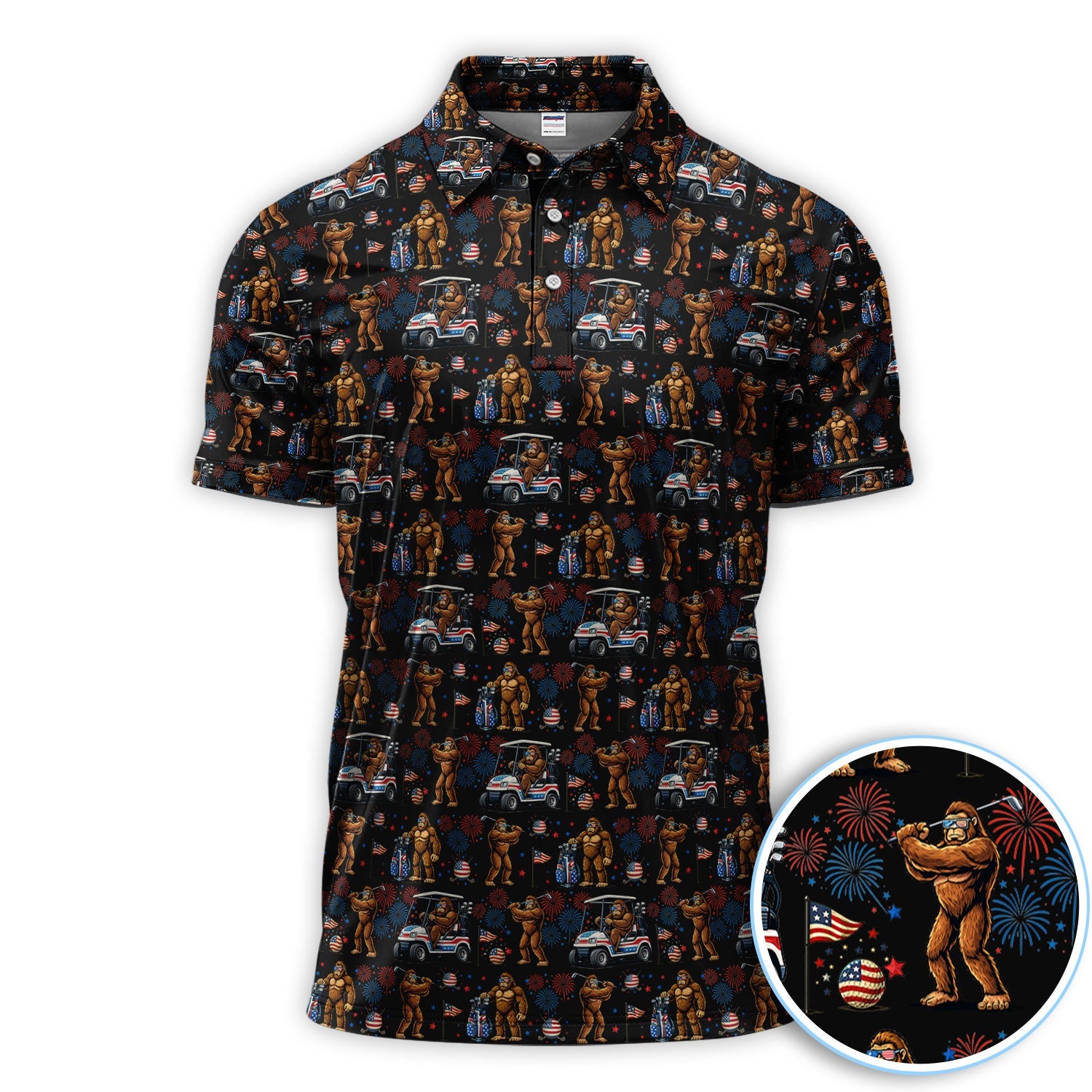 Funny Bigfoot Golf Polos For Golfer, Sasquatch Patriotic USA Pattern Golf Shirt, Golf Gift For Men
