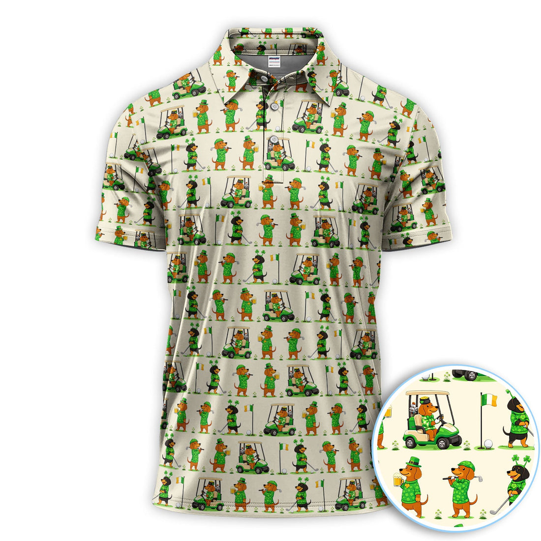 St. Patrick’s Day Dachshund Pattern Golf Polos, Funny Irish Wiener Dog Golf Shirt For Men, Golf Gift For Golfer