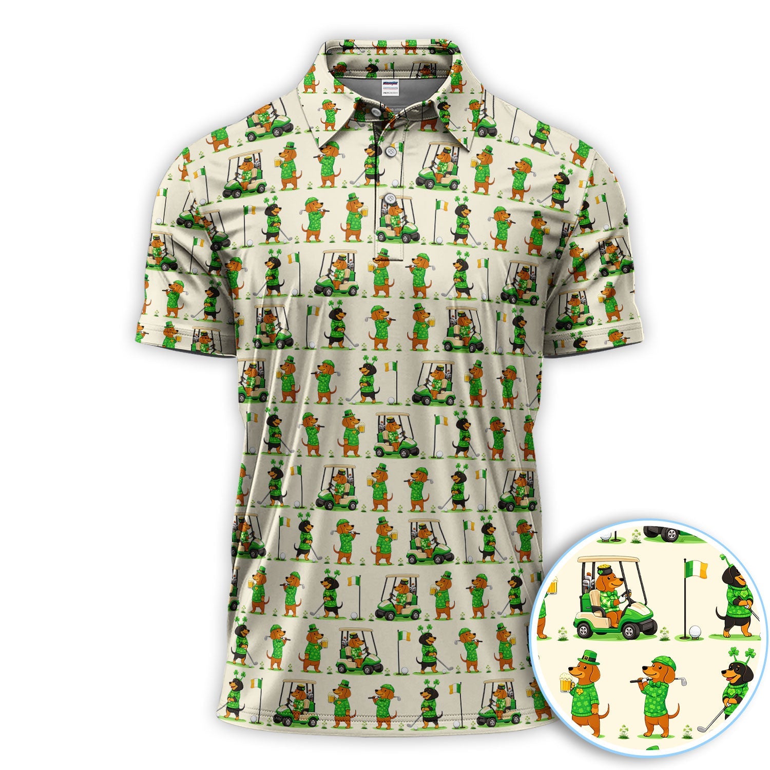 St. Patrick’s Day Dachshund Pattern Golf Polos, Funny Irish Wiener Dog Golf Shirt For Men, Golf Gift For Golfer