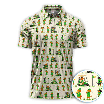 St. Patrick’s Day Dachshund Pattern Golf Polos, Funny Irish Wiener Dog Golf Shirt For Men, Golf Gift For Golfer