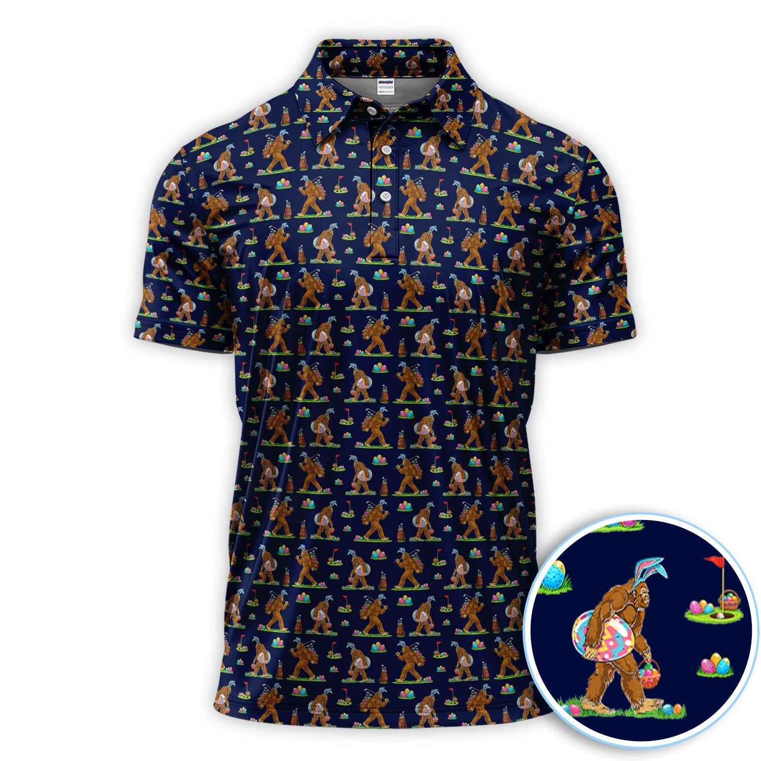 Bigfoot Easter Pattern Golf Polos, Bunny Sasquatch Golf Shirt For Men, Easter Day Shirt For Golfer