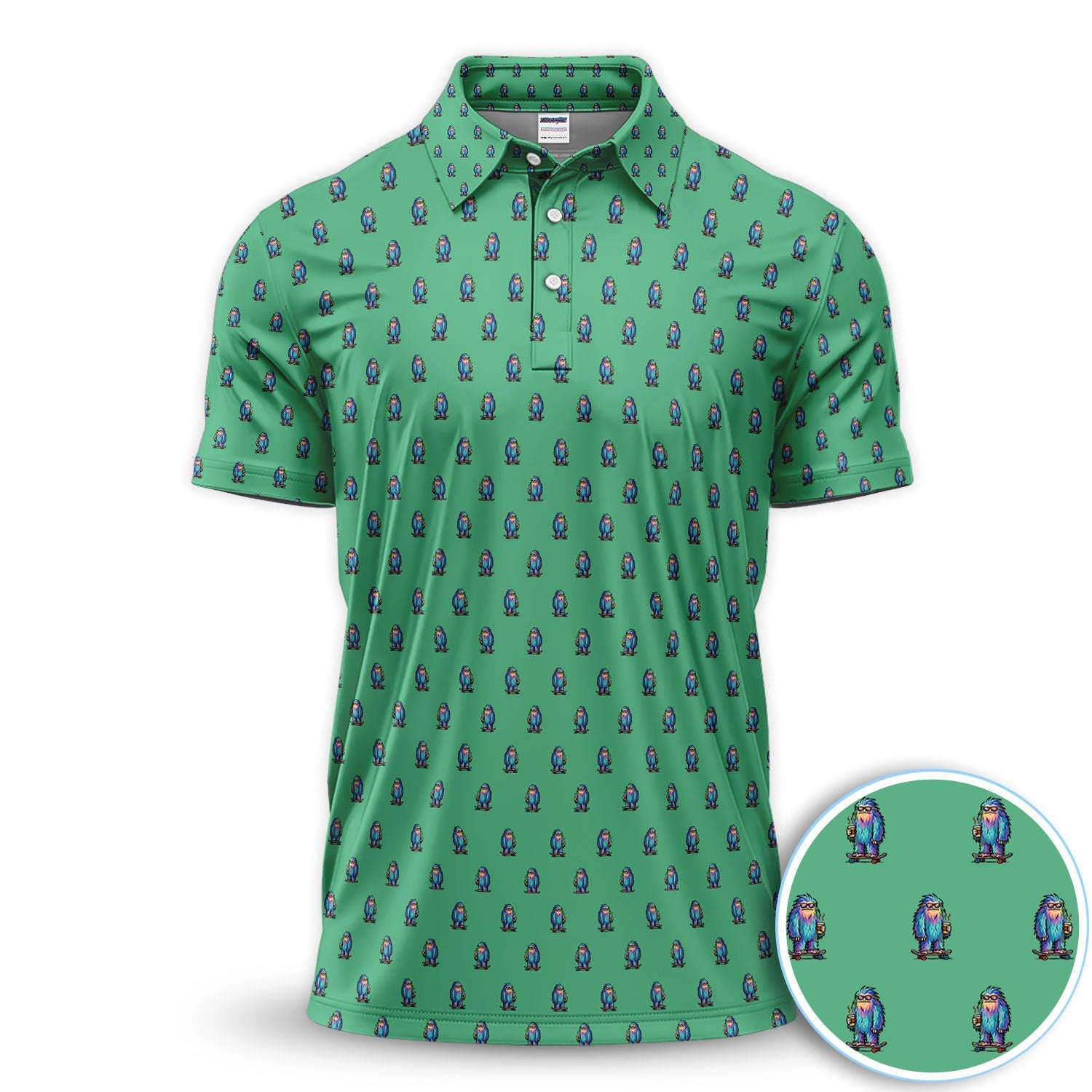 Funny Yeti Pattern Golf Polos, Bigfoot Coffee Skateboard Golf Shirt, Crazy Golf Shirts For Men