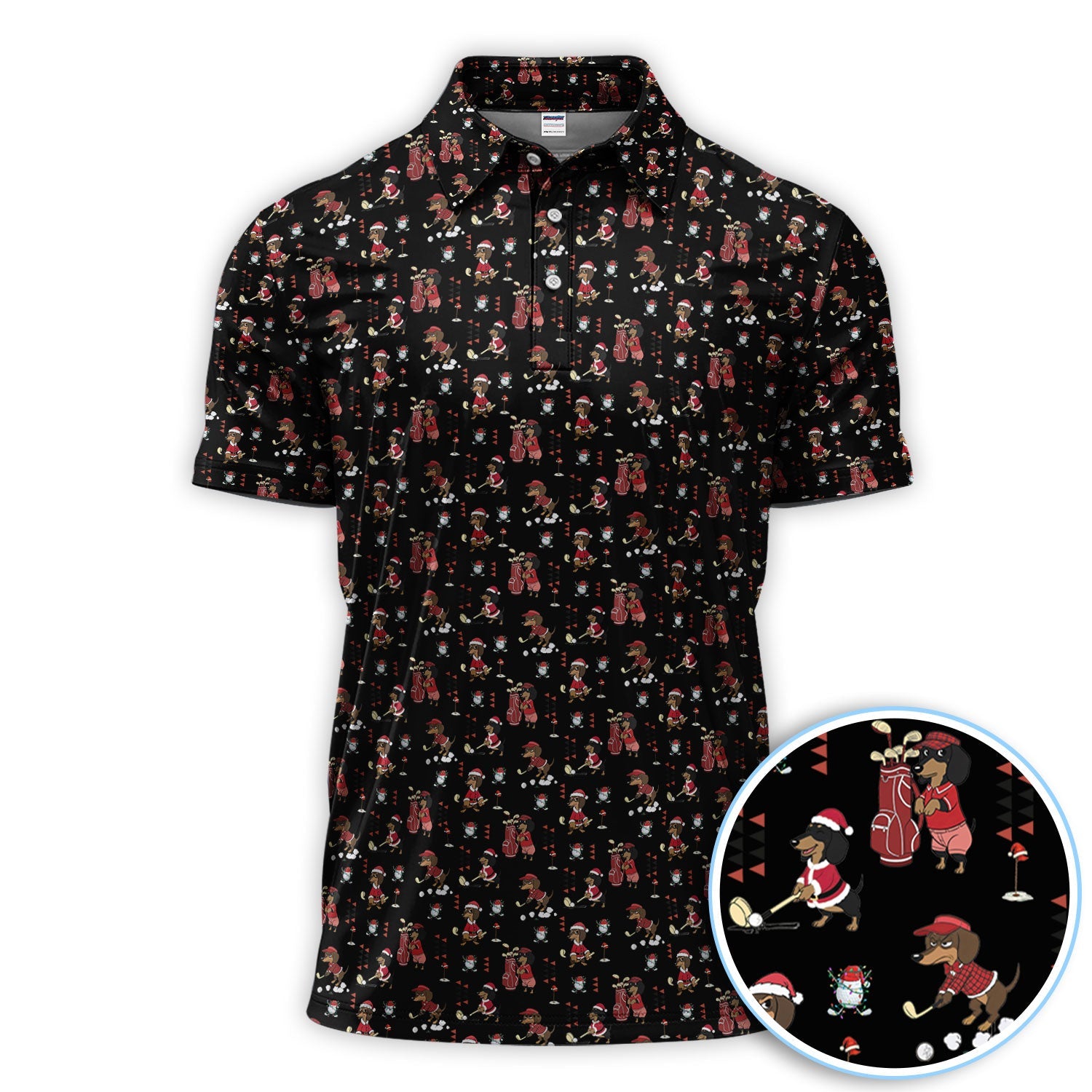 Funny Dachshund Christmas Golf Shirt, Cute Wiener Dog Pattern Polos, Festive Holiday Golf Shirt Gift For Men Golfers