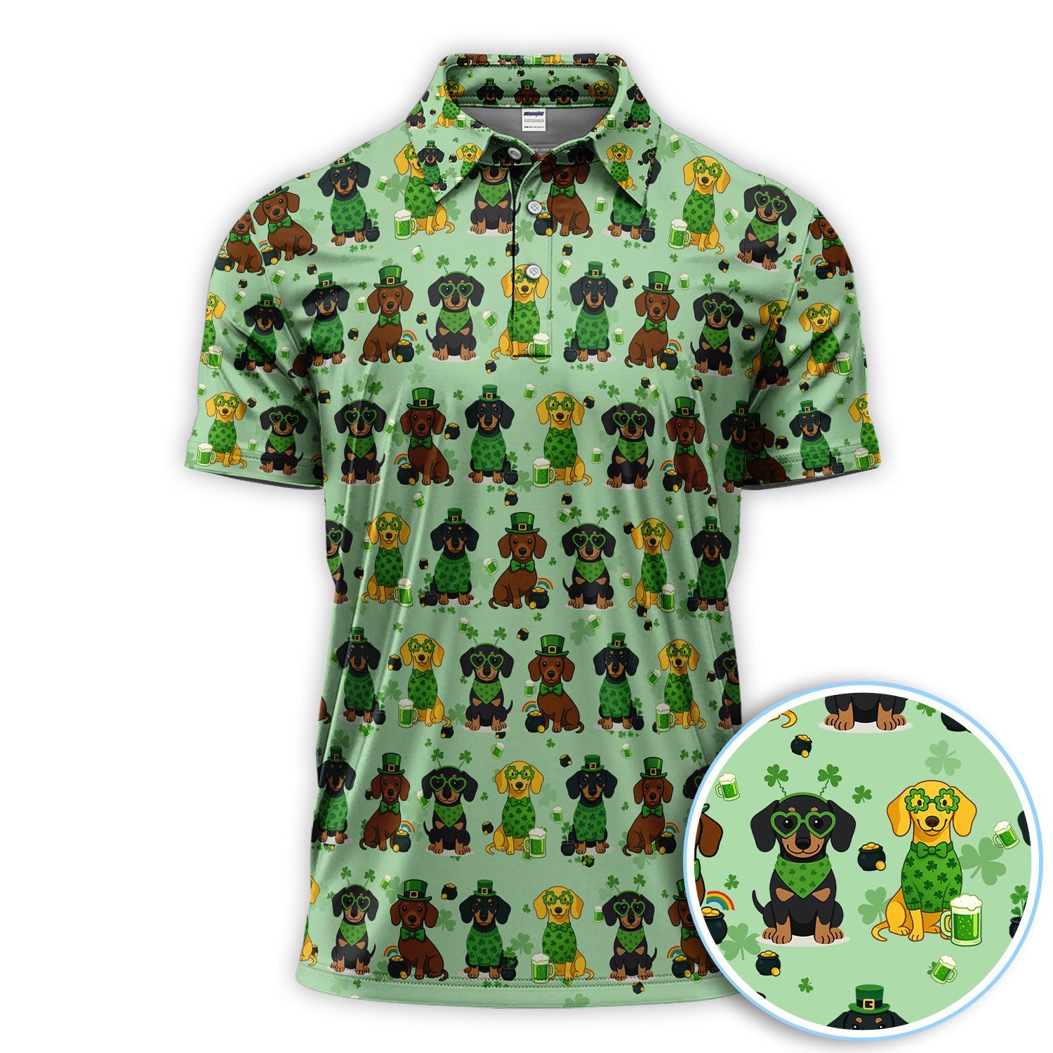 St. Patrick’s Day Dachshund Dog Pattern Golf Shirt, Funny Shamrock Dog Golf Polos For Men, Golf Gift For Golfer