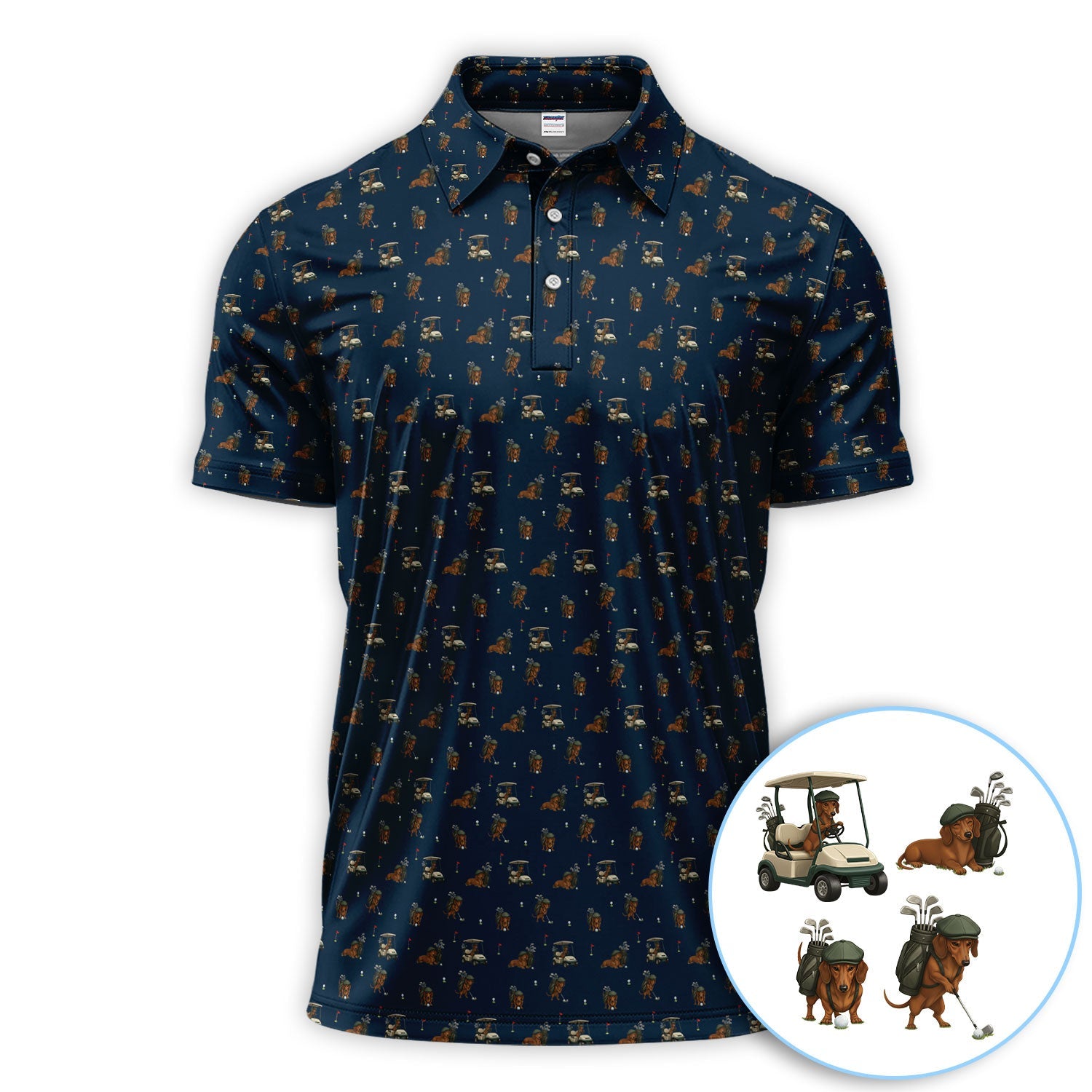 Funny Dachshund Golf Shirt, Wiener Dog Pattern Polos For Men, Golf Gift For Golfers