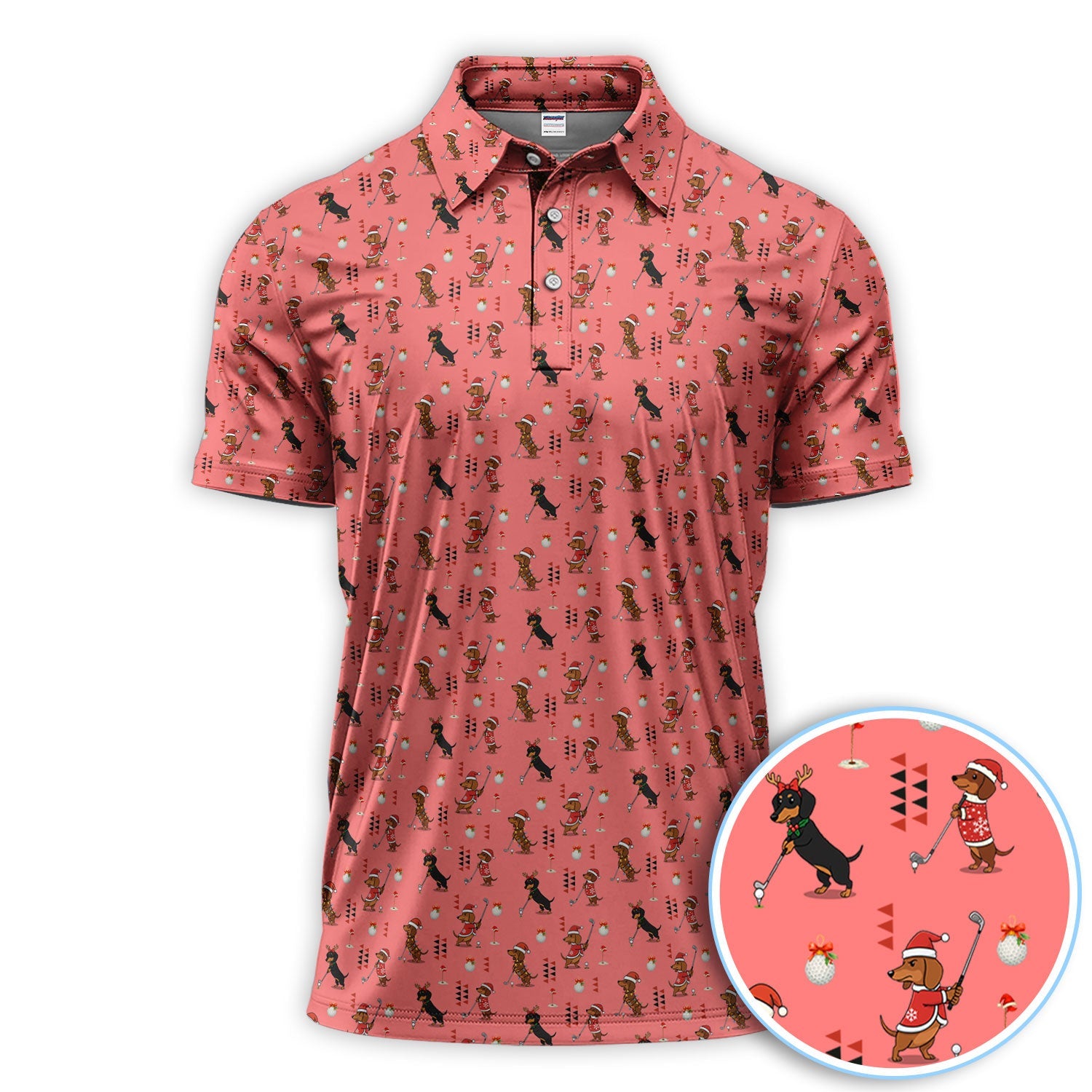 Christmas Dachshund Pattern Polos, Funny Xmas Wiener Dog Golf Shirt, Festive Golf Gift For Men