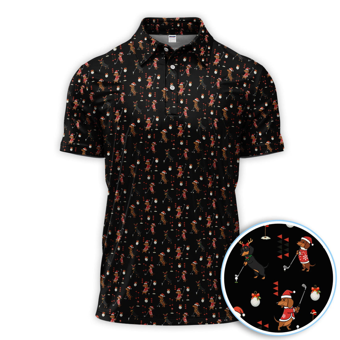 Christmas Dachshund Pattern Polos, Funny Xmas Wiener Dog Golf Shirt, Festive Golf Gift For Men