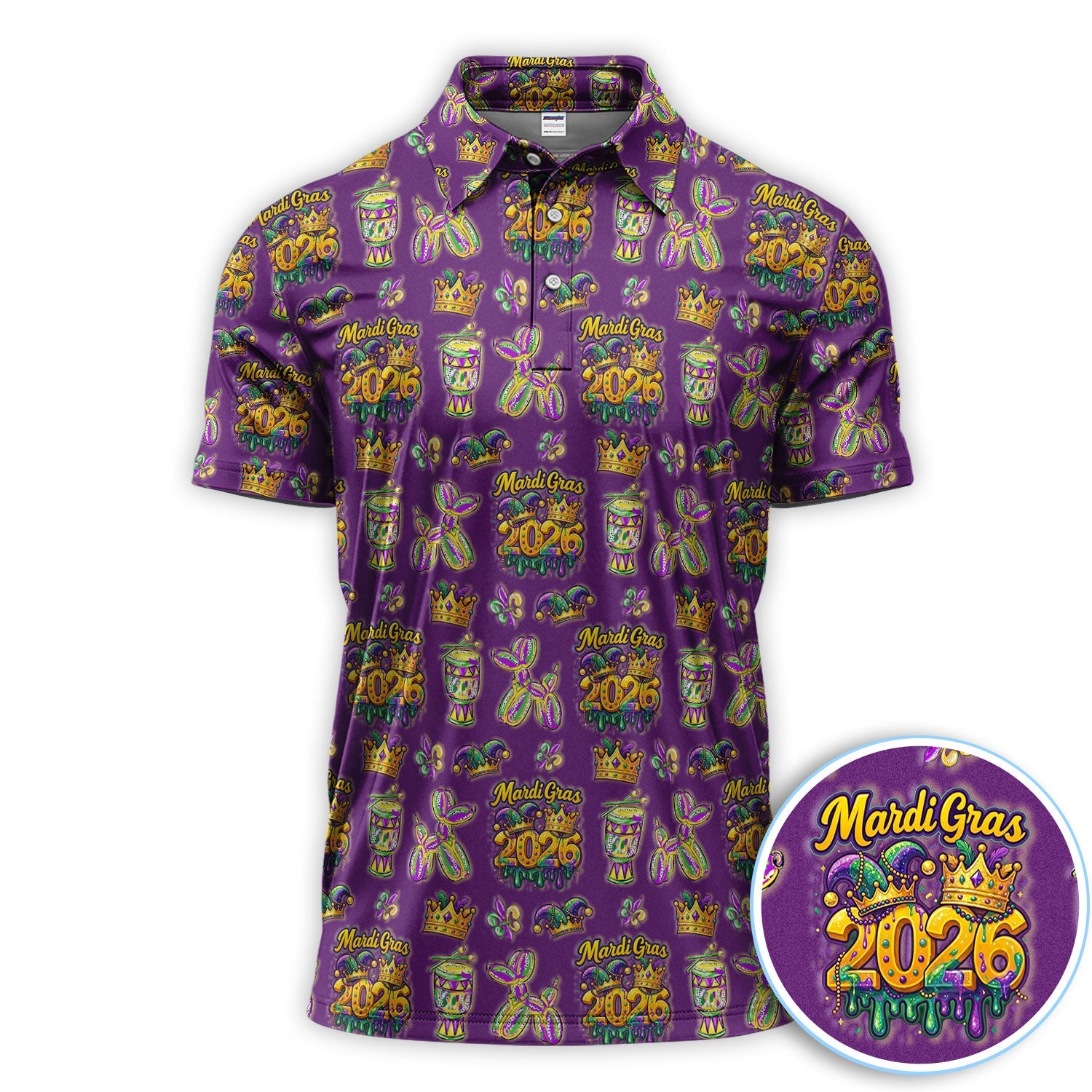Mardi Gras 2026 Golf Polos For Golfer, Festive Crown Mask Pattern Golf Shirt, Golf Gift For Men