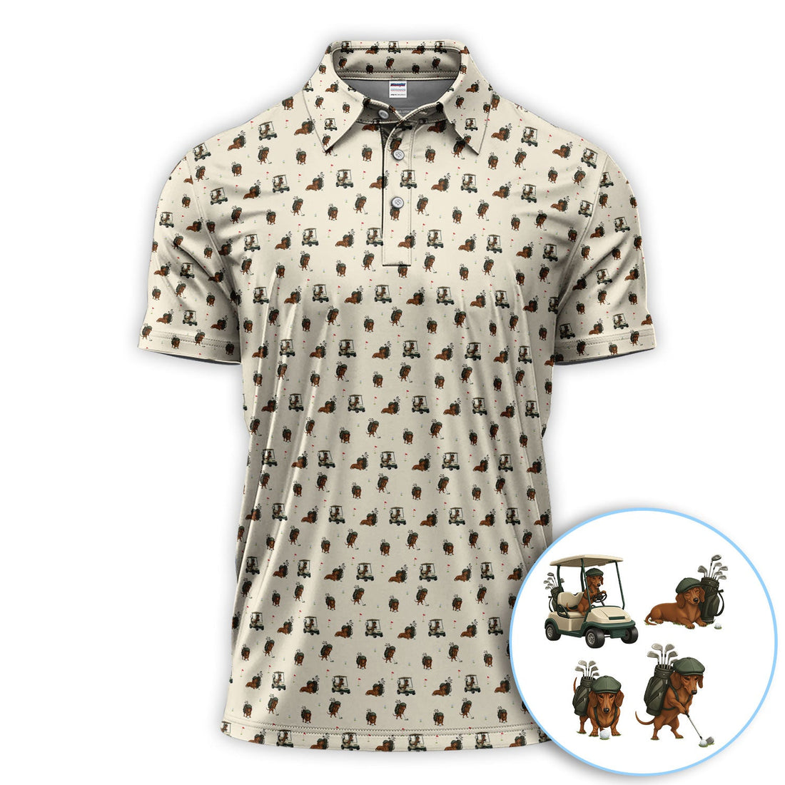 Funny Dachshund Golf Shirt, Wiener Dog Pattern Polos For Men, Golf Gift For Golfers