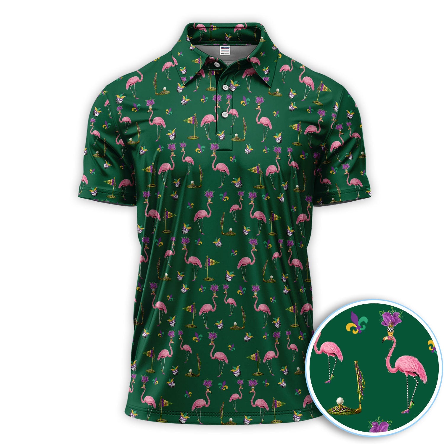 Flamingo Mardi Gras Golf Polos For Golfer, Funny Holiday Pattern Golf Shirt, Golf Gift For Men