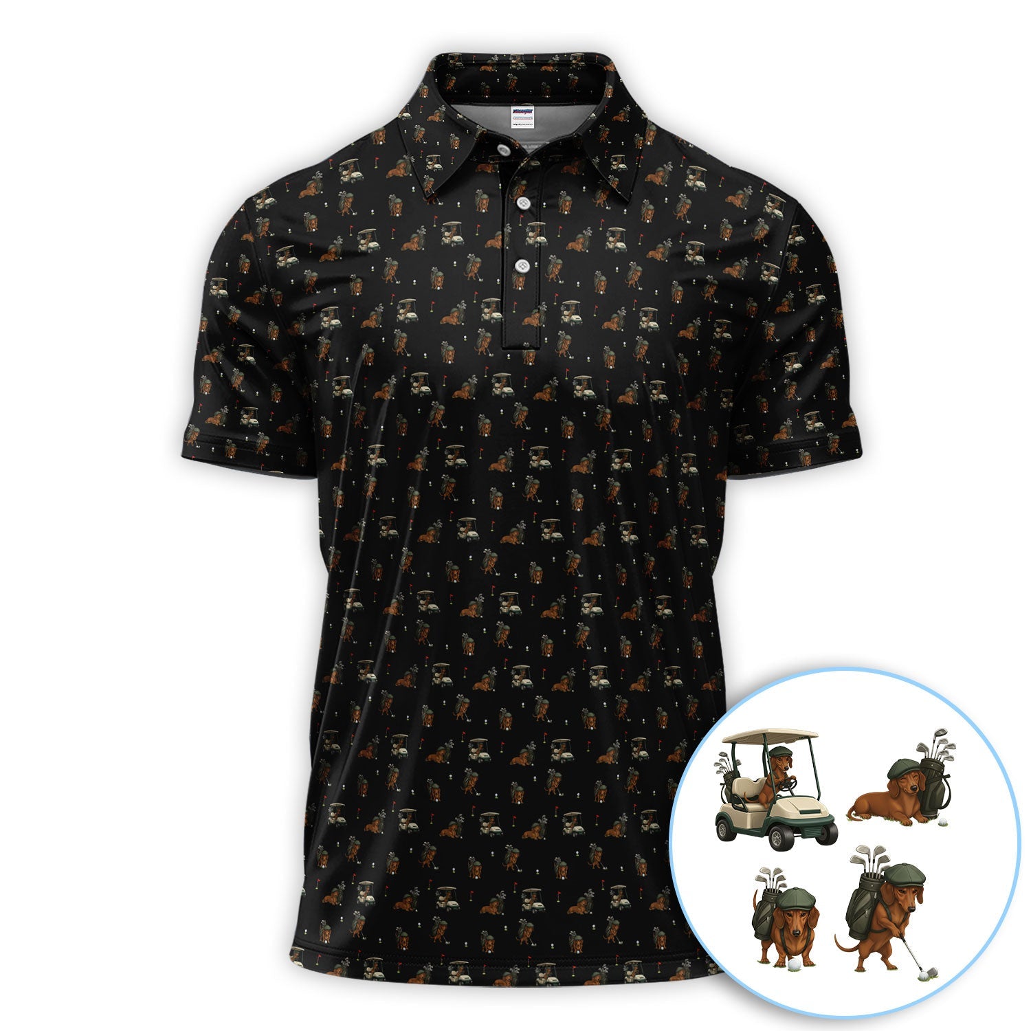 Funny Dachshund Golf Shirt, Wiener Dog Pattern Polos For Men, Golf Gift For Golfers
