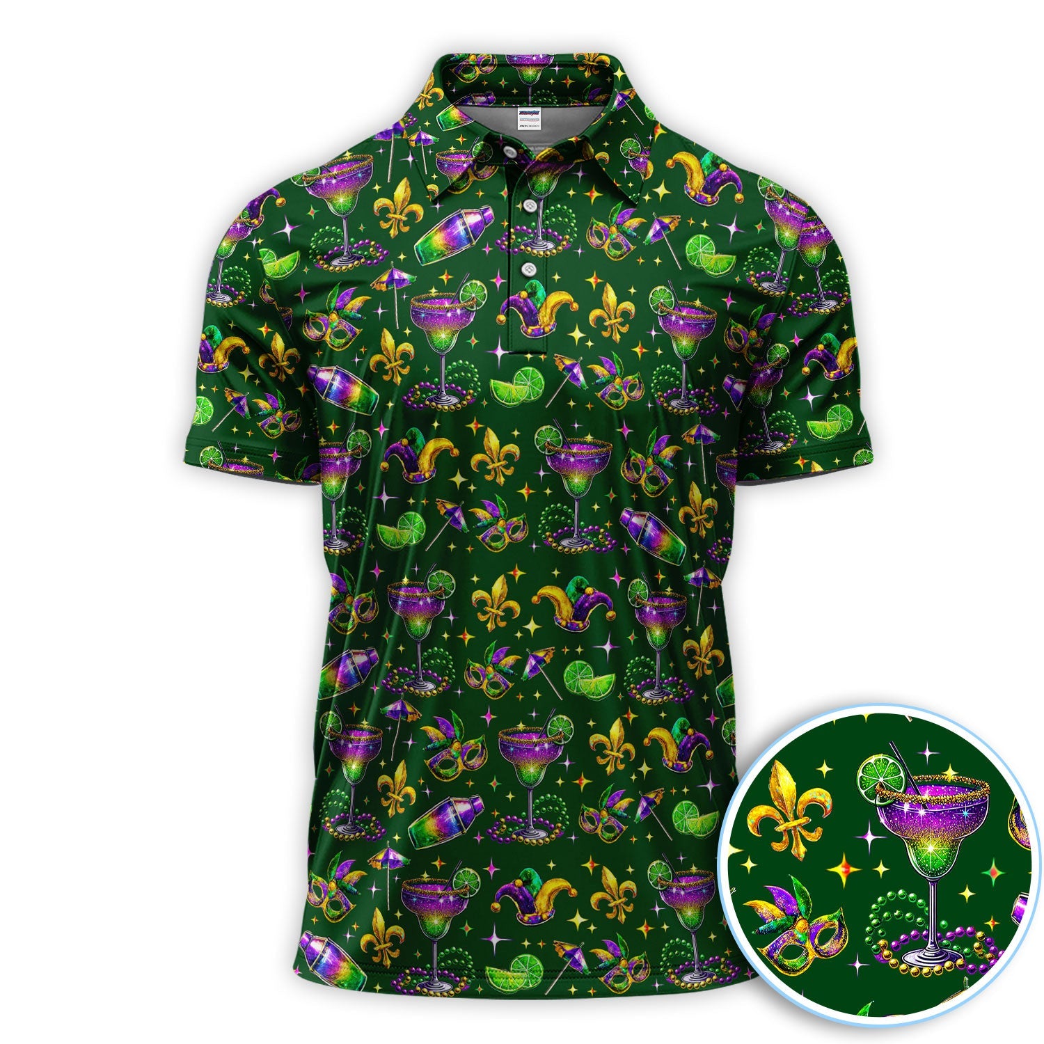 Funny Glitter Mardi Gras Pattern Golf Polos, Mardi Gras And Margaritas Golf Shirt For Men, Golf Gift For Golfer