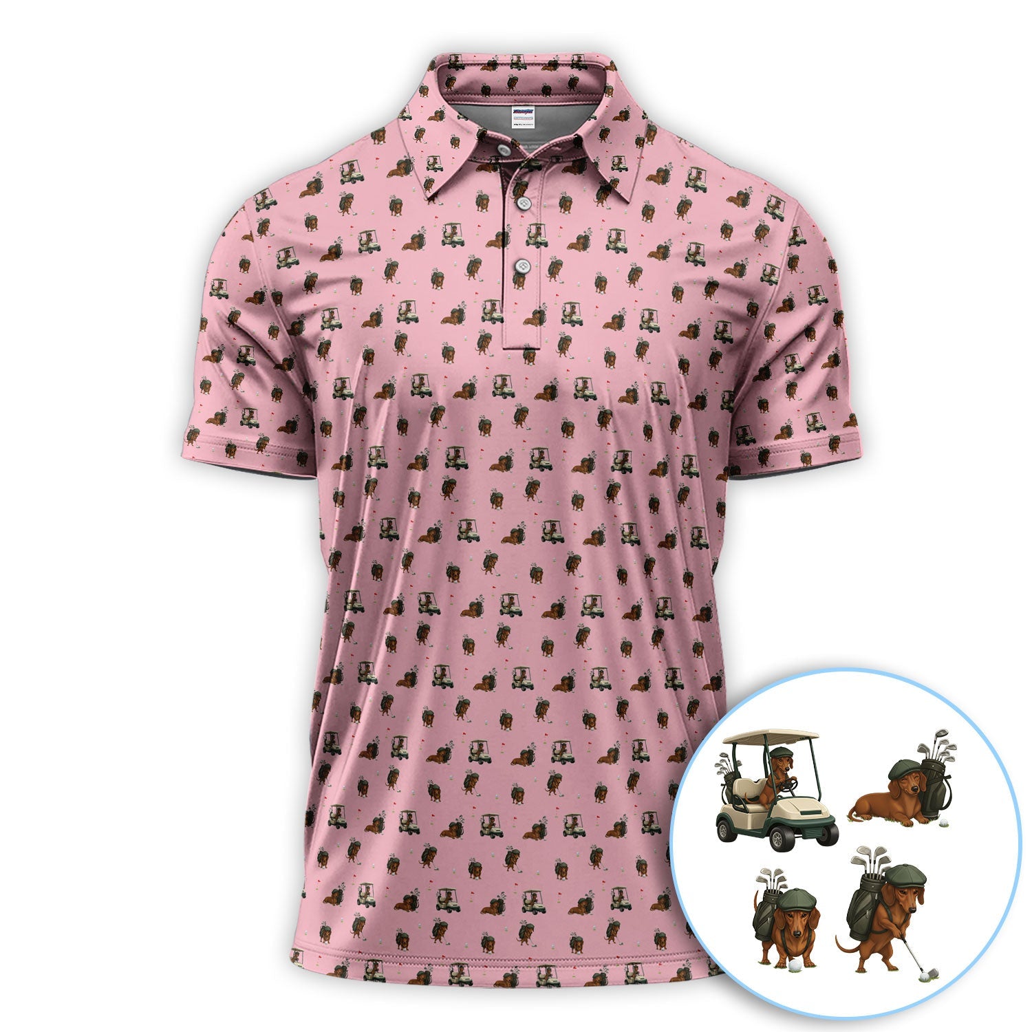 Funny Dachshund Golf Shirt, Wiener Dog Pattern Polos For Men, Golf Gift For Golfers