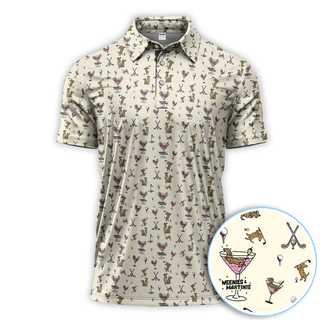 Funny Dachshund Golf Polos, Weenies Dog And Martinis Pattern Shirt For Men, Crazy Golf Shirt For Golfer