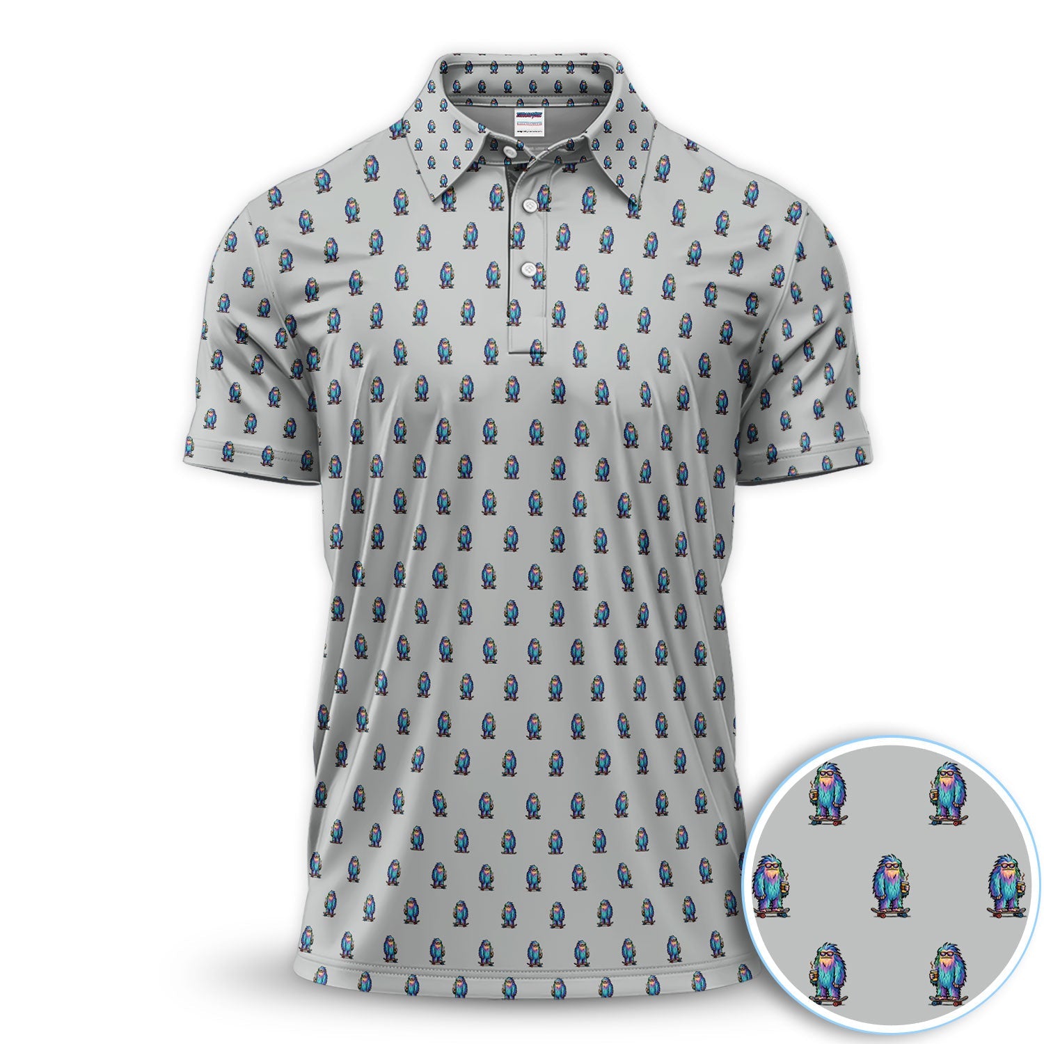 Funny Yeti Pattern Golf Polos, Bigfoot Coffee Skateboard Golf Shirt, Crazy Golf Shirts For Men