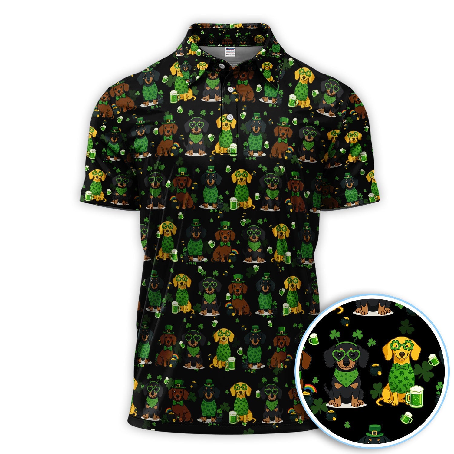 St. Patrick’s Day Dachshund Dog Pattern Golf Shirt, Funny Shamrock Dog Golf Polos For Men, Golf Gift For Golfer