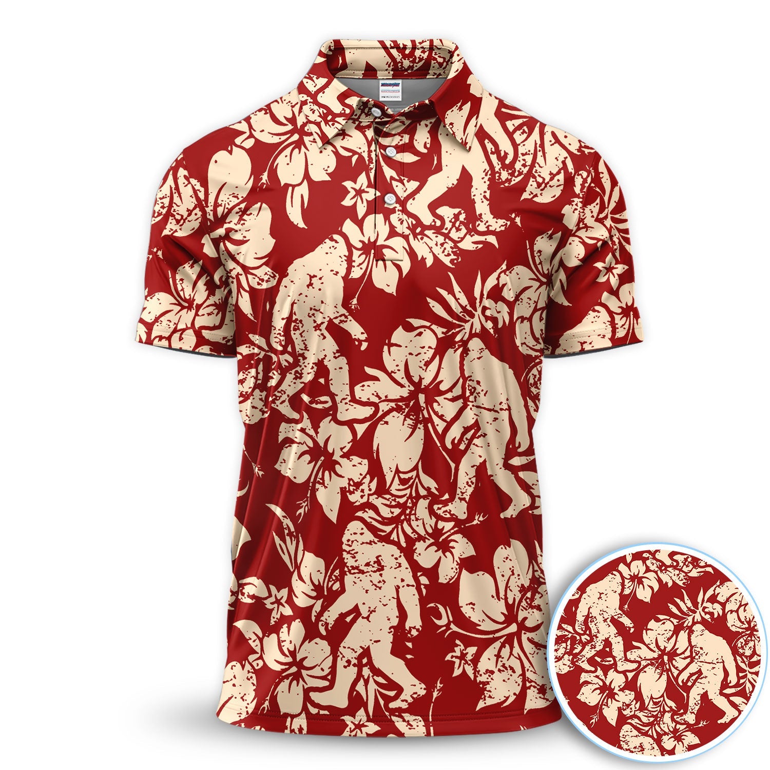 Red Bigfoot Hawaiian Polo Shirt For Men, Sasquatch Floral Aloha All Over Print, Tropical Casual Summer Golf Shirt