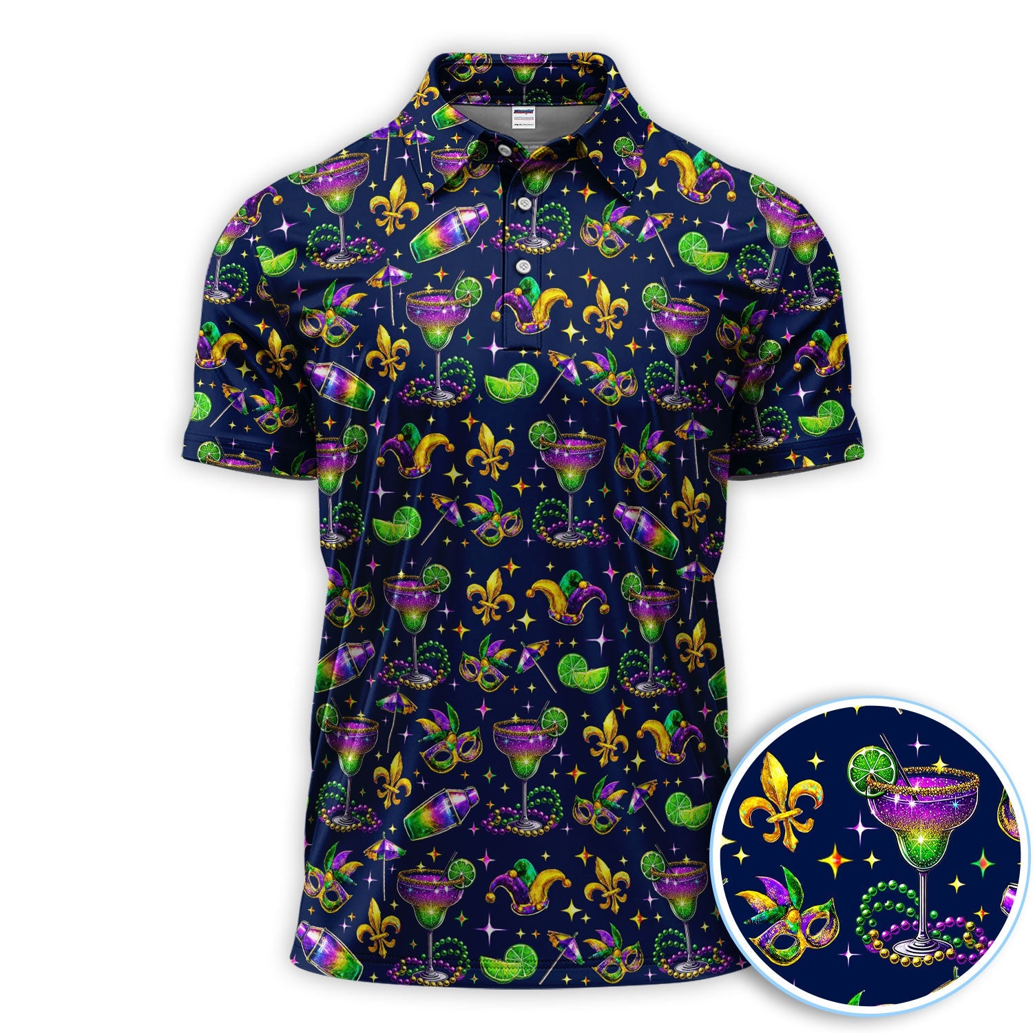 Funny Glitter Mardi Gras Pattern Golf Polos, Mardi Gras And Margaritas Golf Shirt For Men, Golf Gift For Golfer