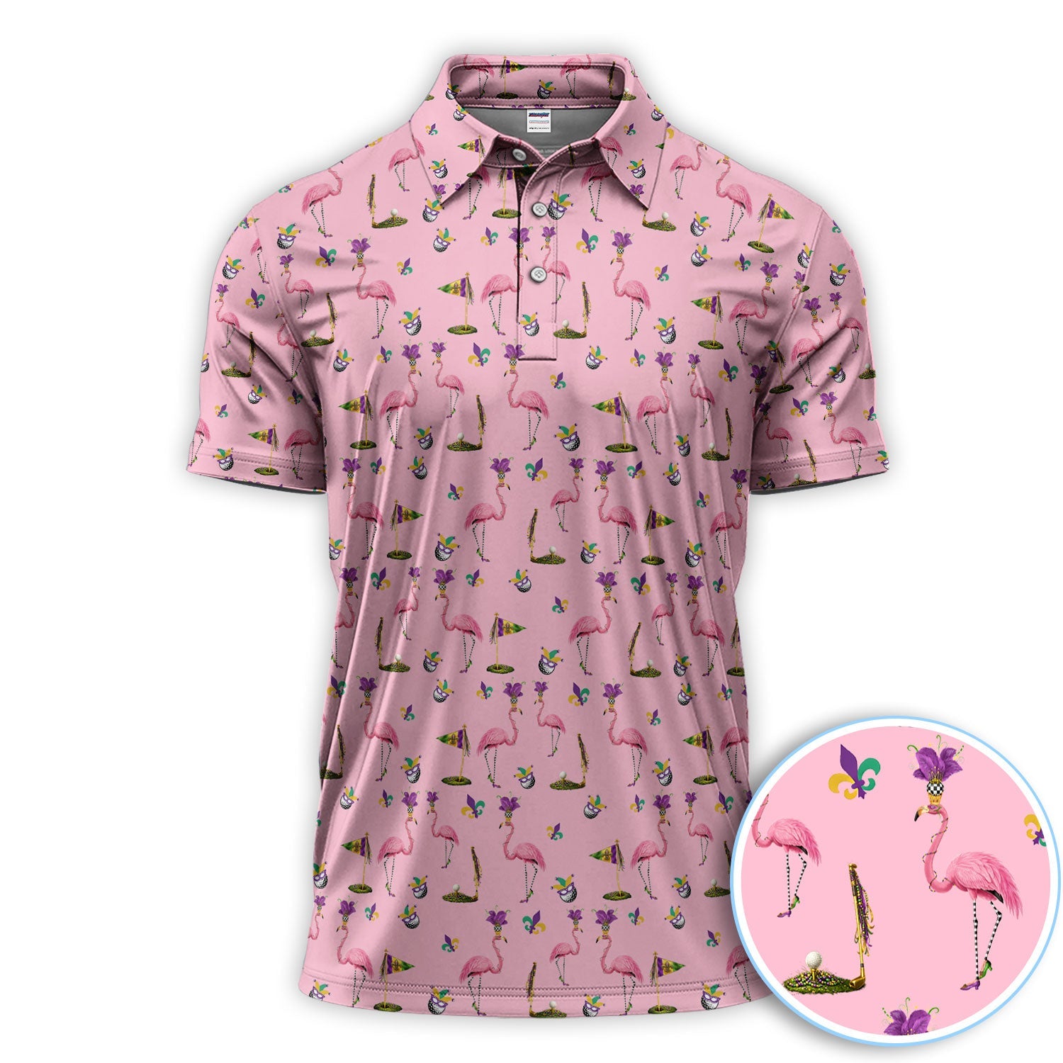 Flamingo Mardi Gras Golf Polos For Golfer, Funny Holiday Pattern Golf Shirt, Golf Gift For Men