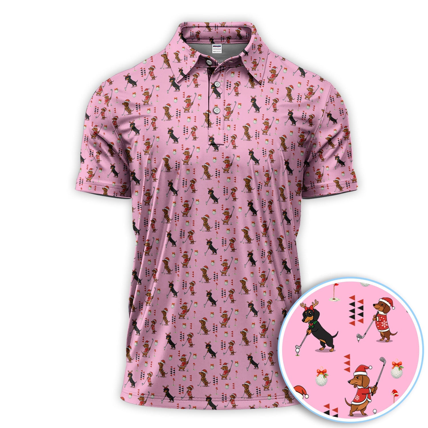 Christmas Dachshund Pattern Polos, Funny Xmas Wiener Dog Golf Shirt, Festive Golf Gift For Men
