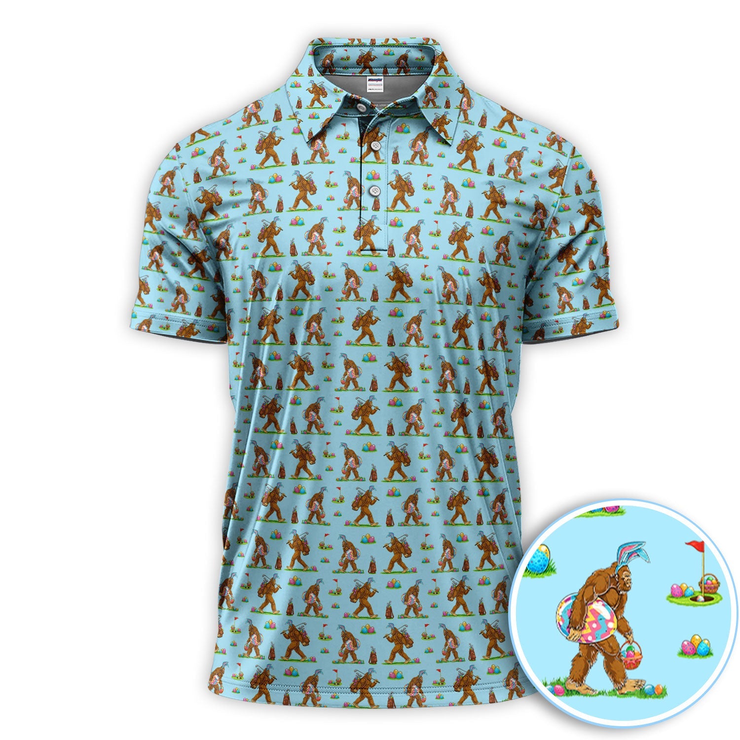 Bigfoot Easter Pattern Golf Polos, Bunny Sasquatch Golf Shirt For Men, Easter Day Shirt For Golfer