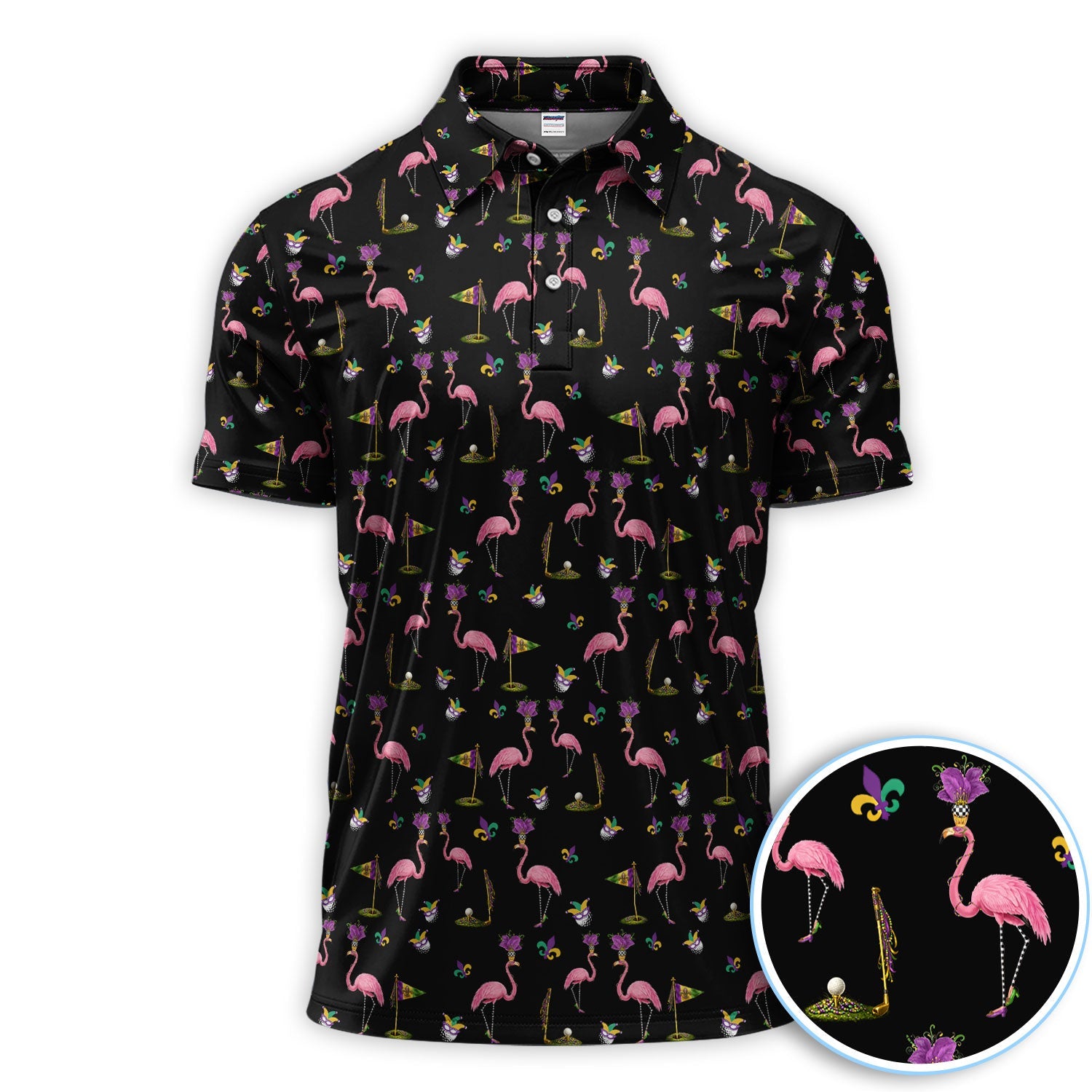 Flamingo Mardi Gras Golf Polos For Golfer, Funny Holiday Pattern Golf Shirt, Golf Gift For Men