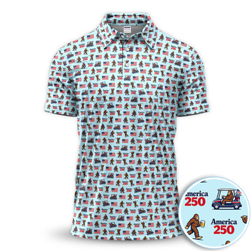 Bigfoot America 250 Pattern Golf Polos, Crazy Bigfoot Golf Shirt For Men, Funny Golf Shirt