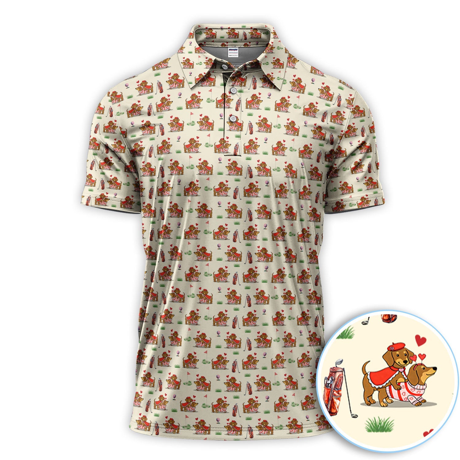 Valentine Dachshund Pattern Golf Shirt, Wiener Dog Love Golf Shirt, Golf Gift For Men