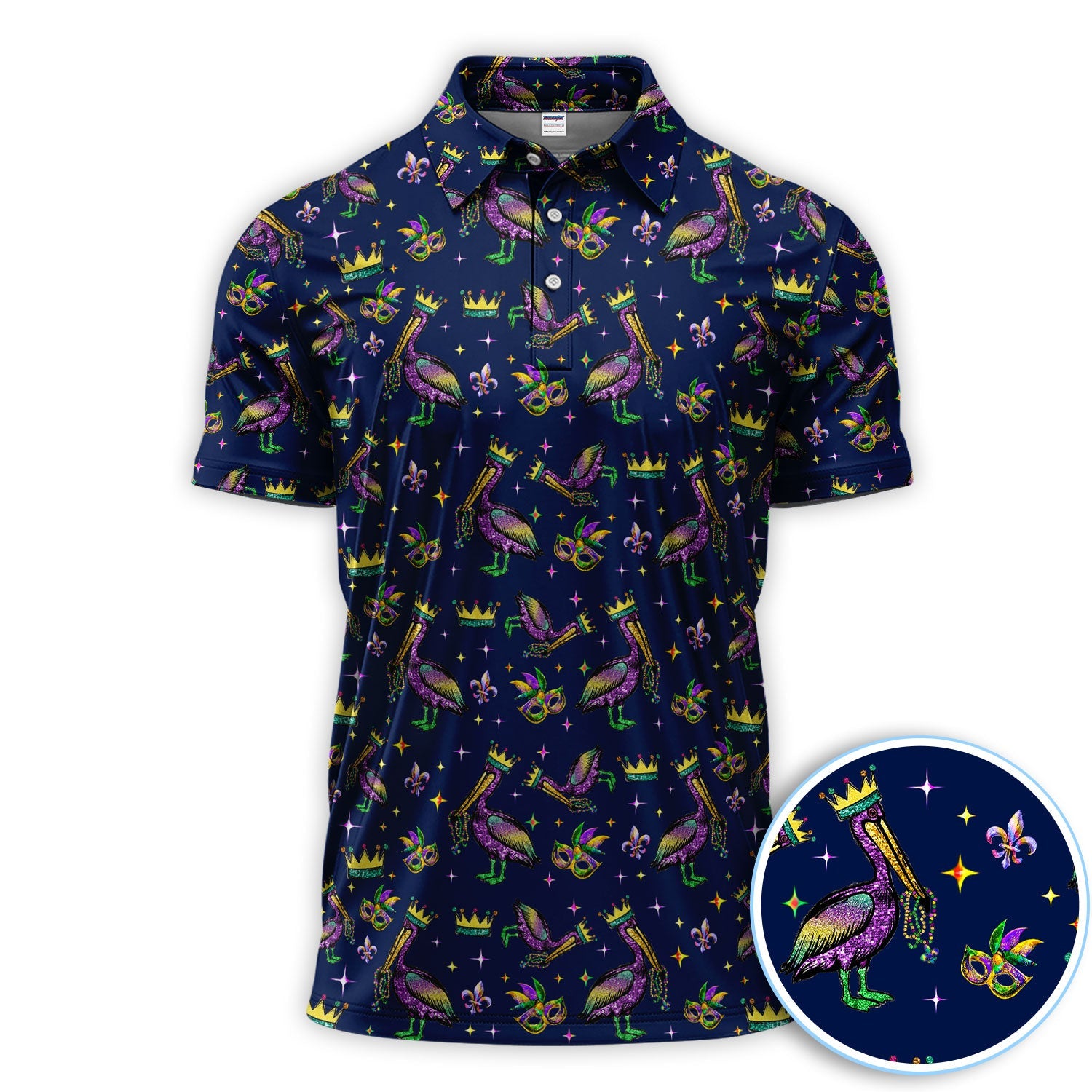Mardi Gras Pelican Pattern Golf Polos, Funny Pelican Golf Shirt For Men, Crazy Golf Gift For Golfer