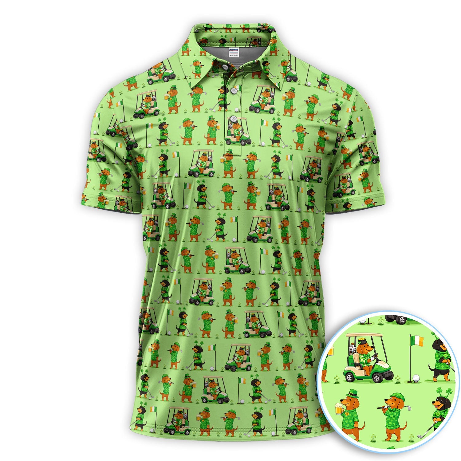 St. Patrick’s Day Dachshund Pattern Golf Polos, Funny Irish Wiener Dog Golf Shirt For Men, Golf Gift For Golfer