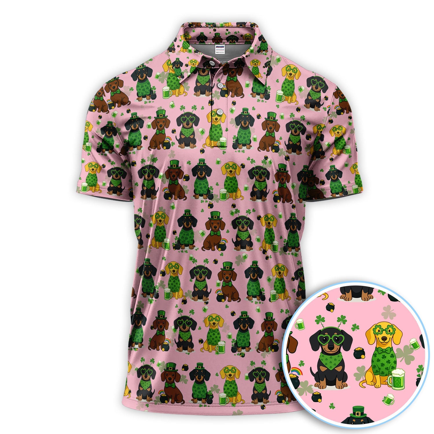 St. Patrick’s Day Dachshund Dog Pattern Golf Shirt, Funny Shamrock Dog Golf Polos For Men, Golf Gift For Golfer