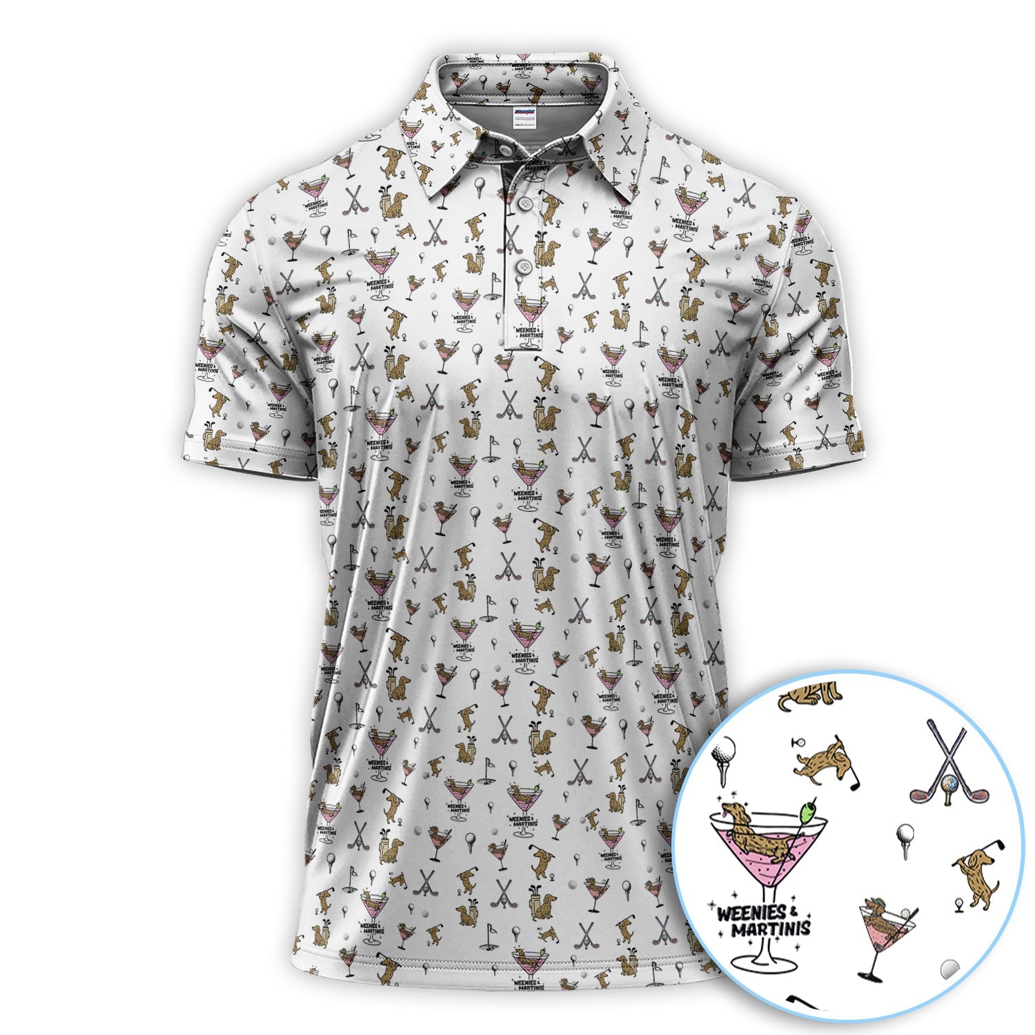 Funny Dachshund Golf Polos, Weenies Dog And Martinis Pattern Shirt For Men, Crazy Golf Shirt For Golfer