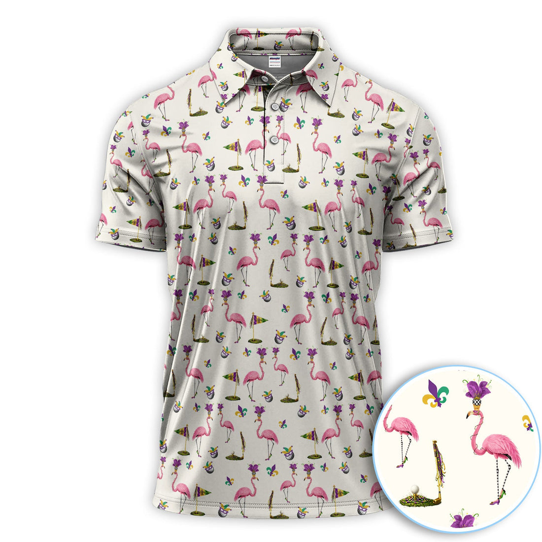 Flamingo Mardi Gras Golf Polos For Golfer, Funny Holiday Pattern Golf Shirt, Golf Gift For Men