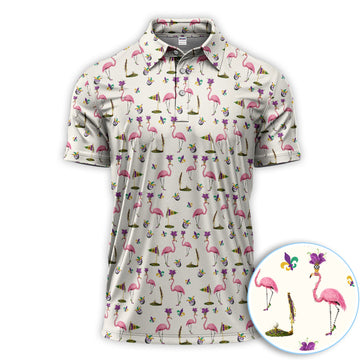Flamingo Mardi Gras Golf Polos For Golfer, Funny Holiday Pattern Golf Shirt, Golf Gift For Men