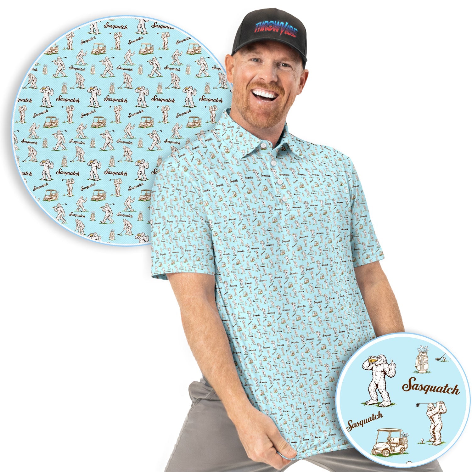 Vintage Sasquatch Golf Polo Shirt, Light Blue Bigfoot Pattern Shirt, Funny Golfer Gift For Men