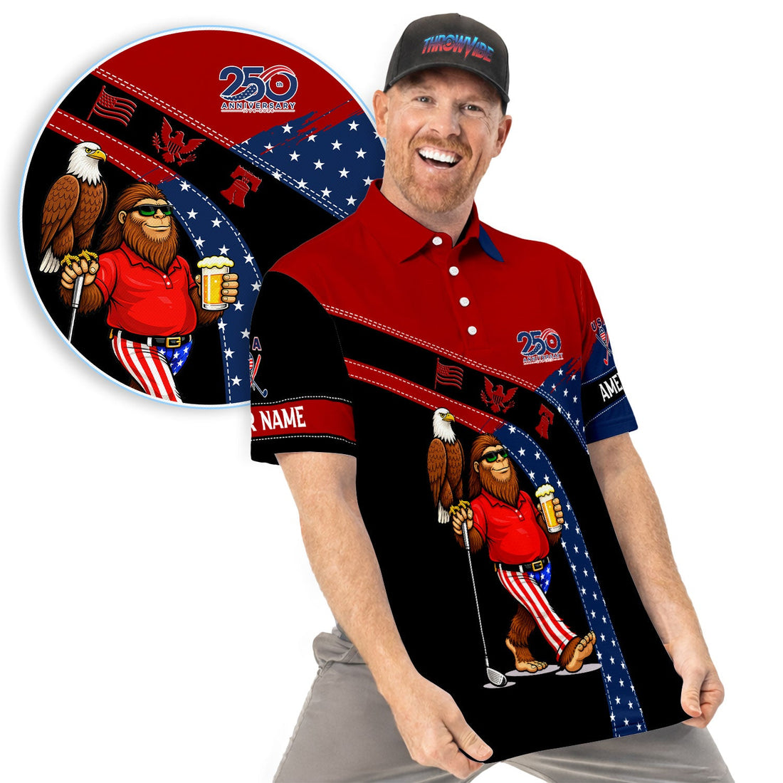 Funny Patriotic Golf Polos, Bigfoot Eagle Beer Pattern Shirt For Men, USA Golf Vibes