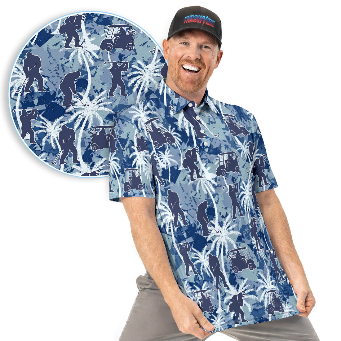 Funny Bigfoot Golf Cart Palm Tree Pattern Shirt, Sasquatch Golf Shirt For Men, Golfer Vacation Gift