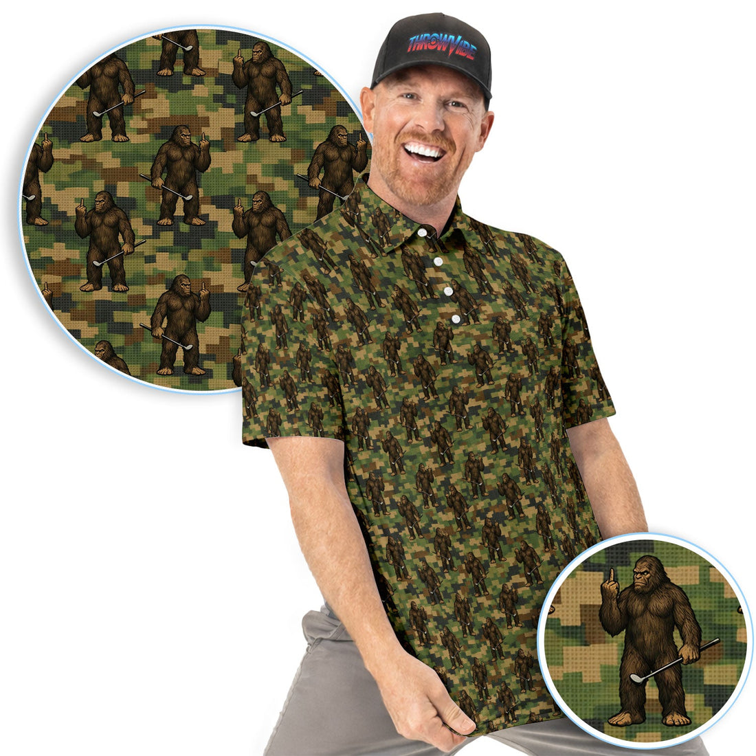 Bigfoot Golfer Camo Pattern Golf Shirt, Sasquatch Middle Finger Golf Shirt For Men, Golfer Gift