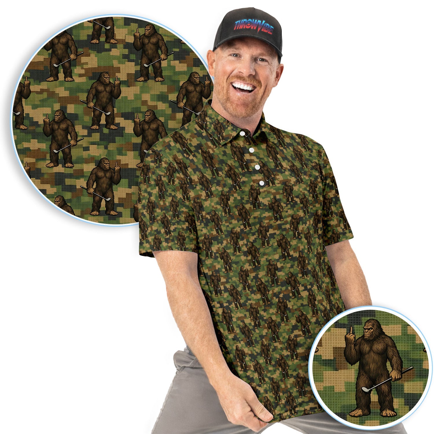 Bigfoot Golfer Camo Pattern Golf Shirt, Sasquatch Middle Finger Golf Shirt For Men, Golfer Gift