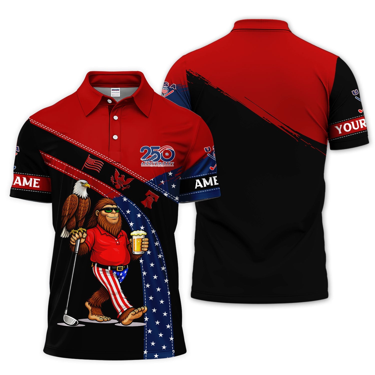 Funny Patriotic Golf Polos, Bigfoot Eagle Beer Pattern Shirt For Men, USA Golf Vibes